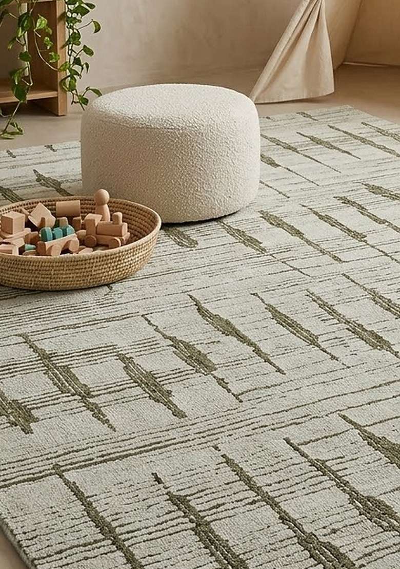 100% Wool Handmade Olive Green Rug | Bohemian Geometric Carpet With Cotton Backing For Living Room - Indya