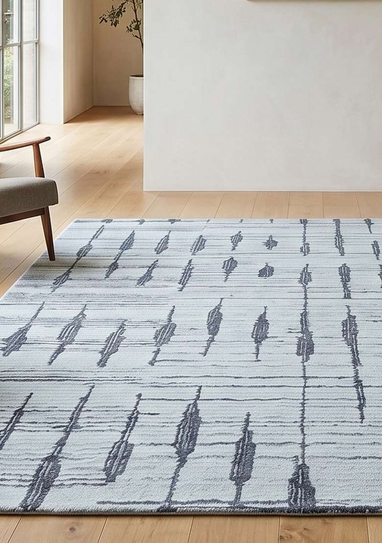 100% Wool Handmade Slate Blue Rug | Bohemian Geometric Carpet With Cotton Backing For Living Room - Indya