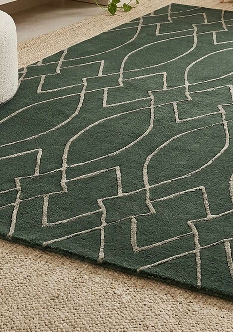 Saffron Rugs Hand-Tufted 100% Wool Area Rug | Sage Green Rectangular Rug | Cotton Backing | Moroccan Trellis Home Decor Carpet for Living Room Bedroom - Indya