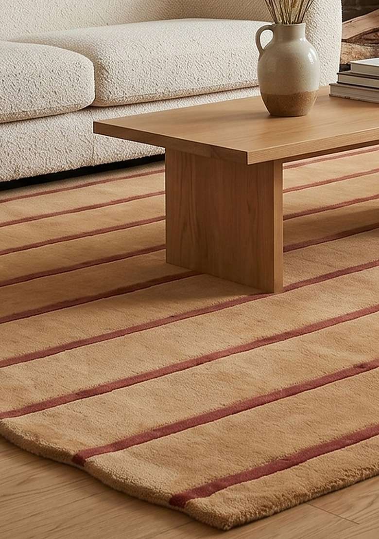 Saffron Rugs Burnt Orange Contemporary Striped Hand Tufted Wool Scalloped Rug - Indya