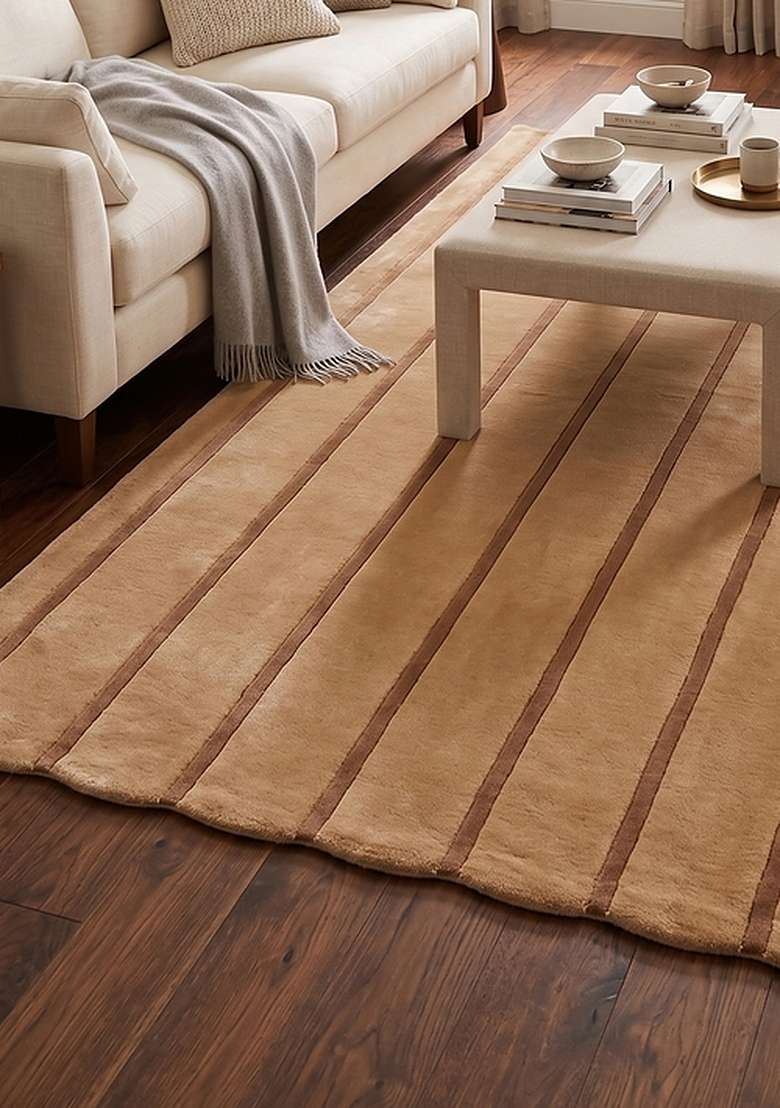 Saffron Rugs Camel Tan Contemporary Striped Hand Tufted Wool Scalloped Rug - Indya