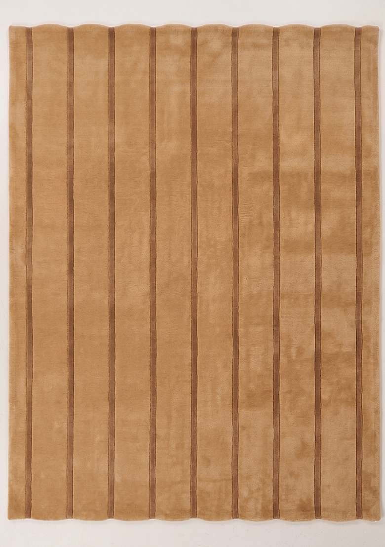 Saffron Rugs Camel Tan Contemporary Striped Hand Tufted Wool Scalloped Rug - Indya