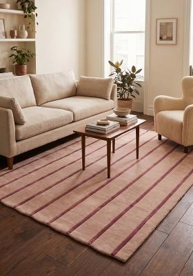 Saffron Rugs Hand-Tufted 100% Wool Area Rug | Blush Pink Scalloped Rug | Cotton Backing | Contemporary Striped Home Decor Carpet for Living Room Bedroom