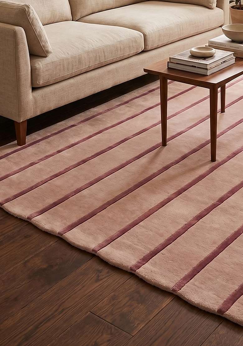 100% Wool Handmade Blush Pink Rug | Contemporary Striped Scalloped Carpet With Cotton Backing For Living Room - Indya