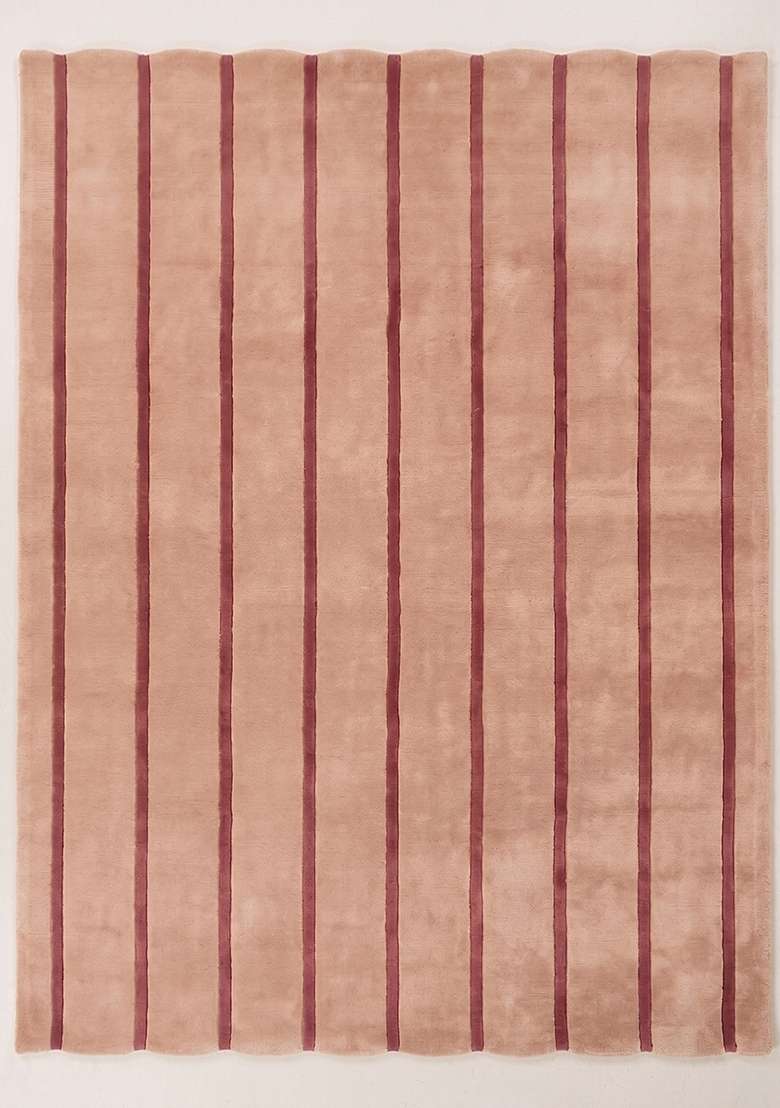 100% Wool Handmade Blush Pink Rug | Contemporary Striped Scalloped Carpet With Cotton Backing For Living Room - Indya