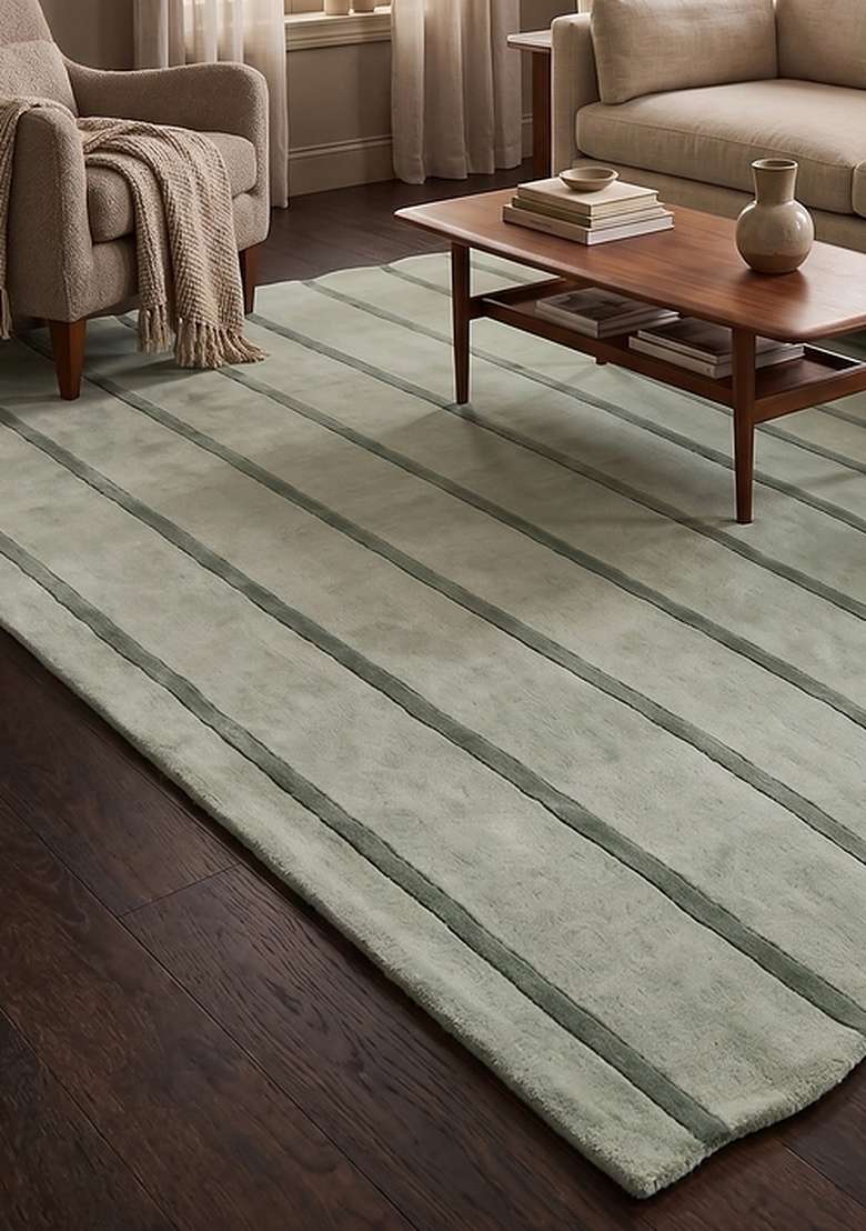100% Wool Handmade Sage Green Rug | Contemporary Striped Scalloped Carpet With Cotton Backing For Living Room - Indya