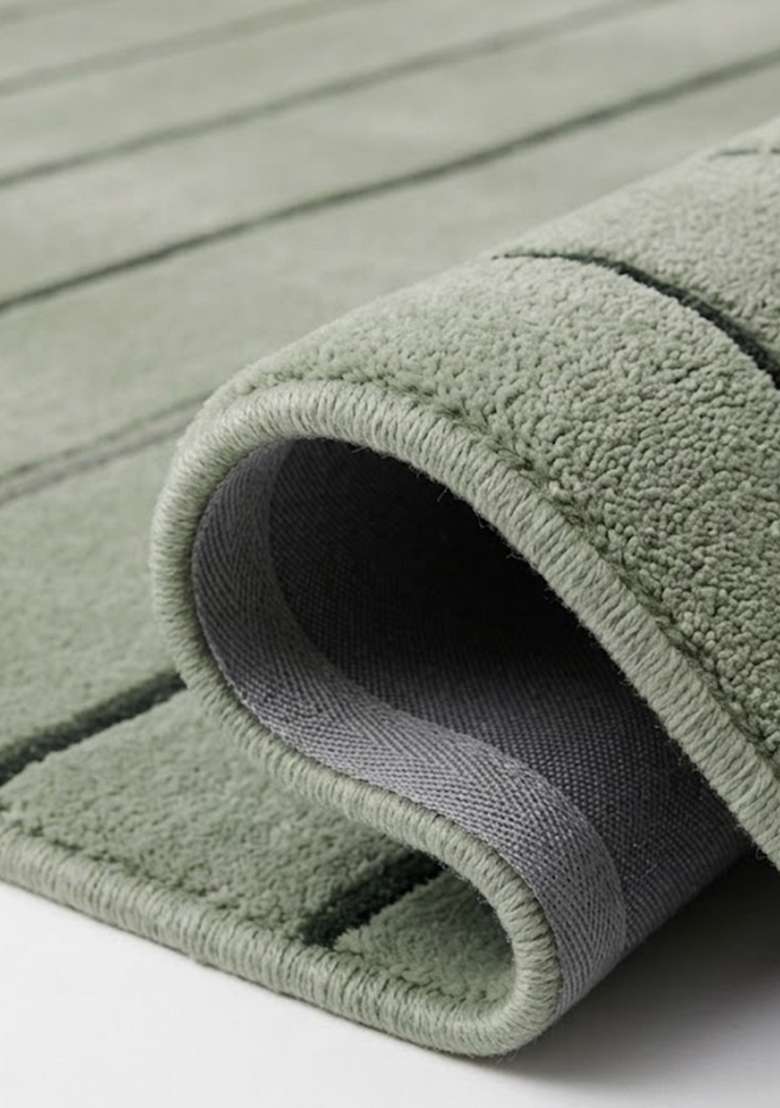 100% Wool Handmade Sage Green Rug | Contemporary Striped Scalloped Carpet With Cotton Backing For Living Room - Indya