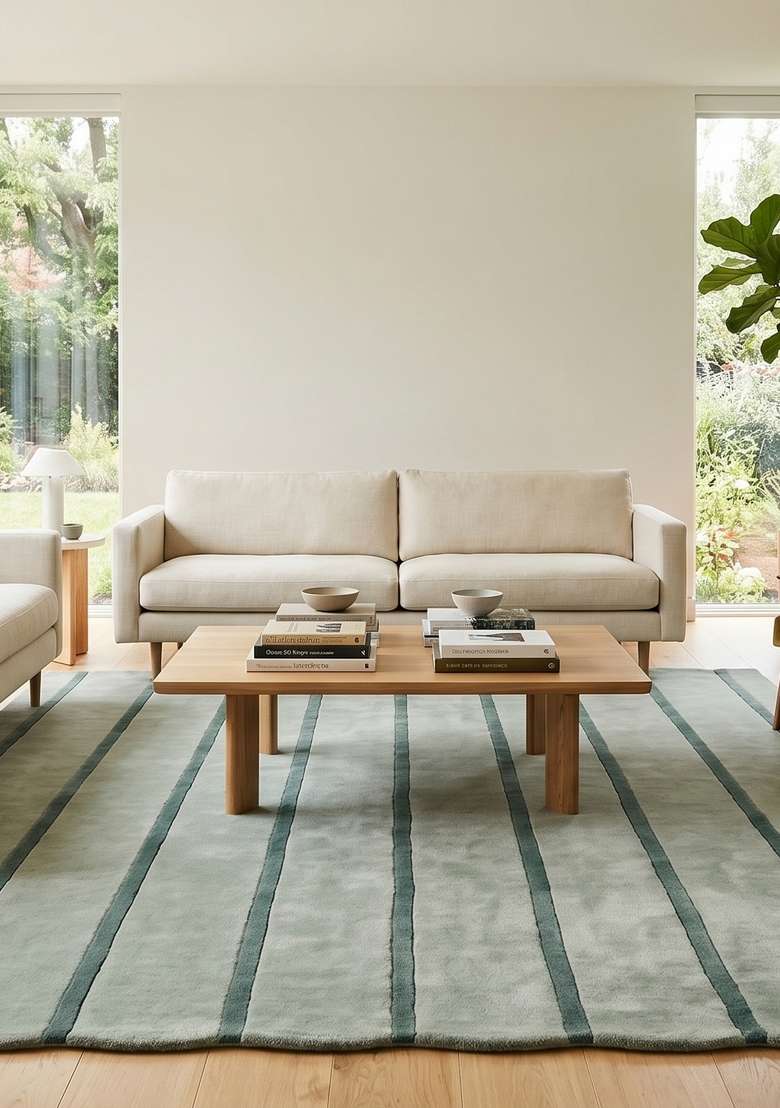 100% Wool Handmade Sage Green Rug | Contemporary Striped Scalloped Carpet With Cotton Backing For Living Room - Indya