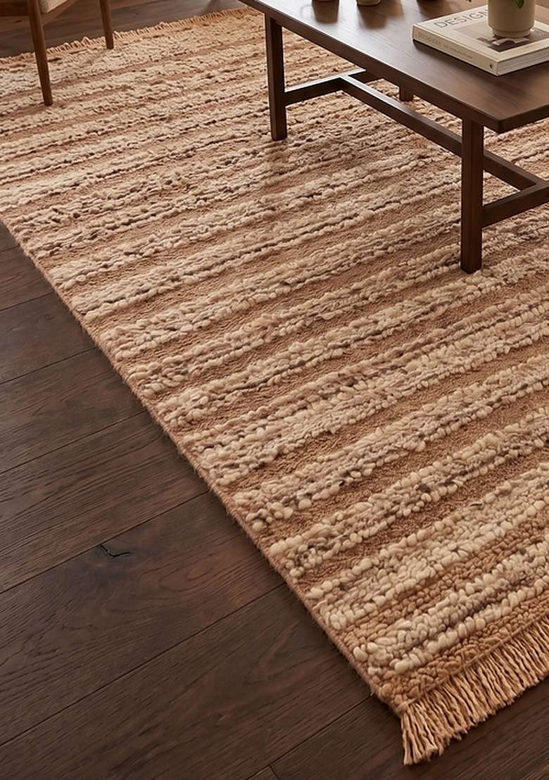 Saffron Rugs Hand-Tufted 100% Wool Area Rug | Almond Beige Rectangular Rug | Cotton Backing | Bohemian Striped Home Decor Carpet for Living Room Bedroom - Indya
