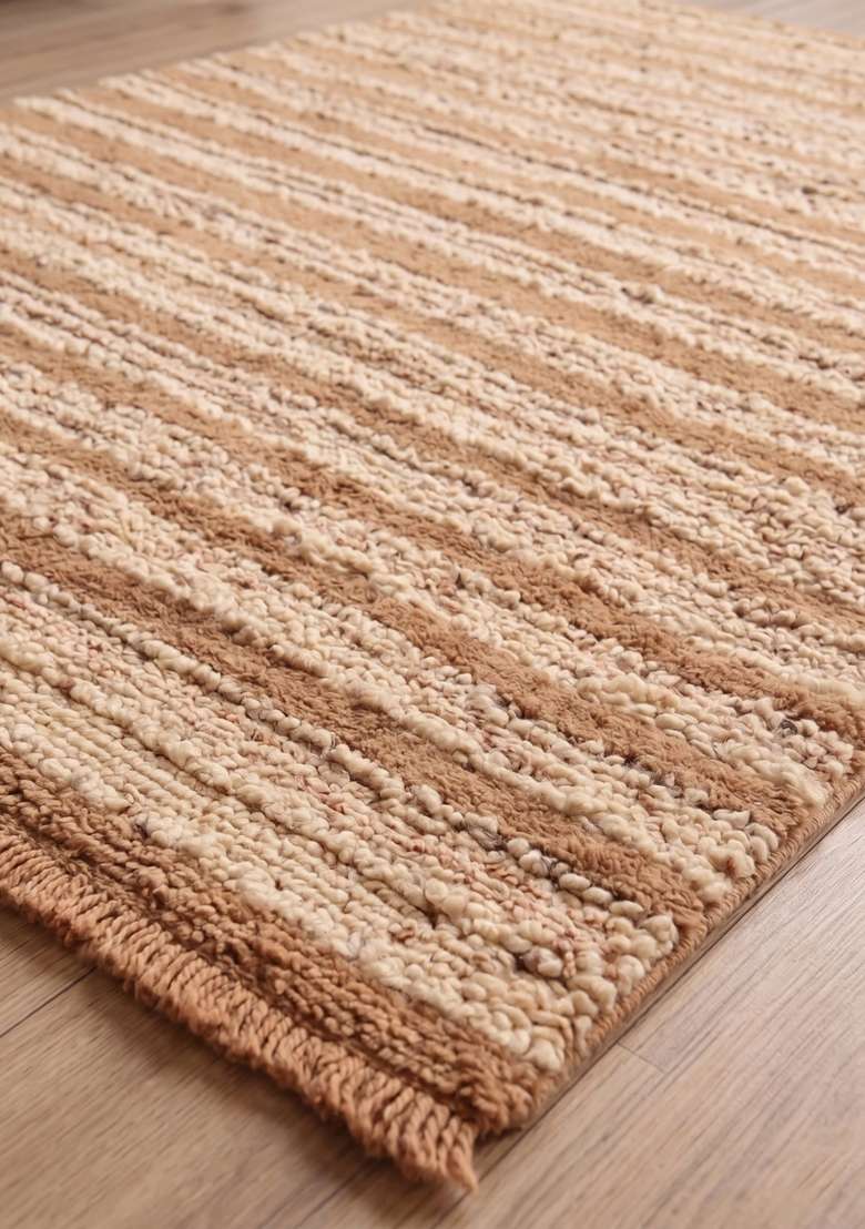 Saffron Rugs Hand-Tufted 100% Wool Area Rug | Almond Beige Rectangular Rug | Cotton Backing | Bohemian Striped Home Decor Carpet for Living Room Bedroom - Indya