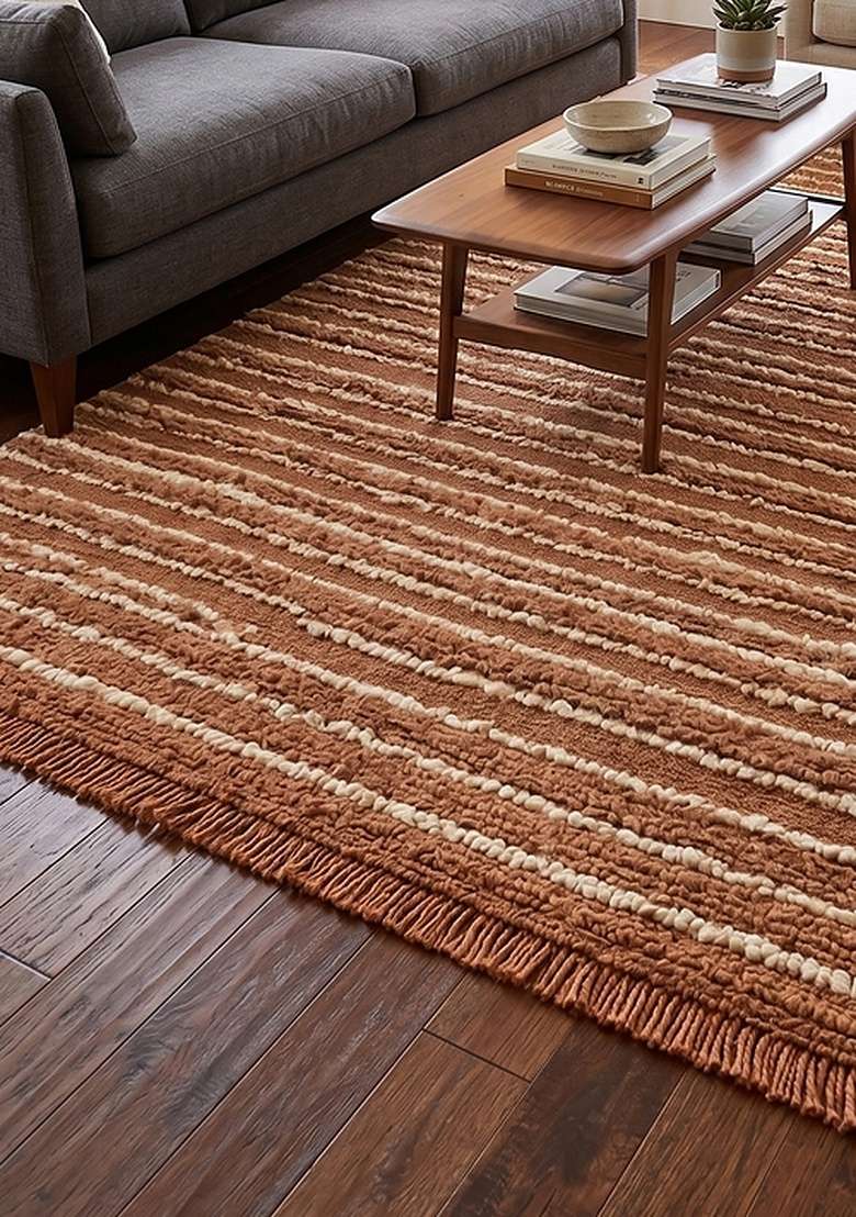 Saffron Rugs Hand-Tufted 100% Wool Area Rug | Caramel Brown Rectangular Rug | Cotton Backing | Bohemian Striped Home Decor Carpet for Living Room Bedroom - Indya
