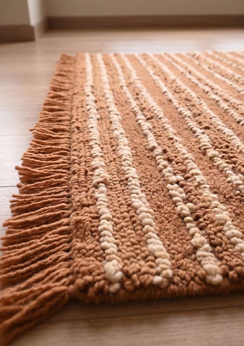 Saffron Rugs Hand-Tufted 100% Wool Area Rug | Caramel Brown Rectangular Rug | Cotton Backing | Bohemian Striped Home Decor Carpet for Living Room Bedroom - Indya