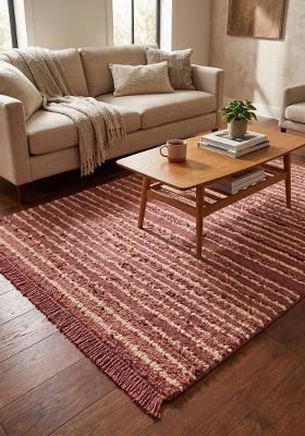 Saffron Rugs Hand-Tufted 100% Wool Area Rug | Dusty Mauve Rectangular Rug | Cotton Backing | Bohemian Striped Home Decor Carpet for Living Room Bedroom