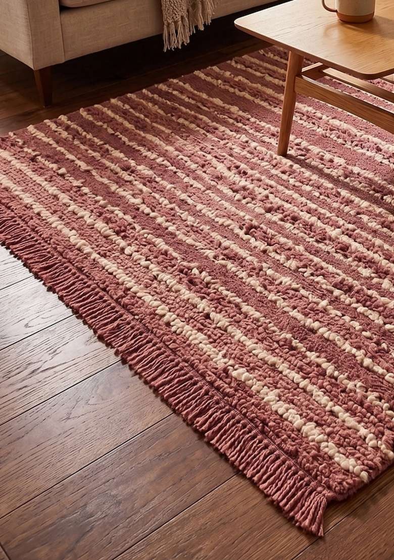 Saffron Rugs Hand-Tufted 100% Wool Area Rug | Dusty Mauve Rectangular Rug | Cotton Backing | Bohemian Striped Home Decor Carpet for Living Room Bedroom - Indya