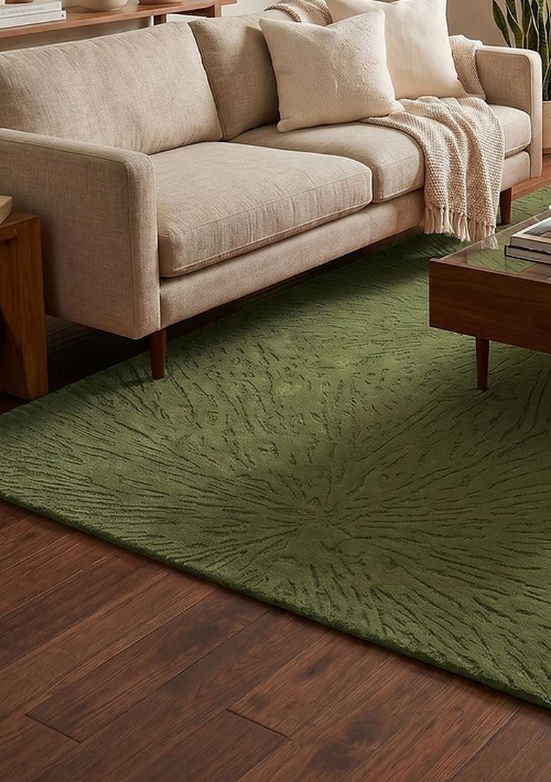 Saffron Rugs Hand-Tufted 100% Wool Area Rug | Olive Green Rectangular Rug | Cotton Backing | Mid-Century Modern Geometric Home Decor Carpet for Living Room Bedroom - Indya