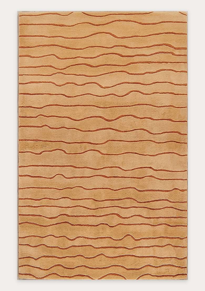 100% Wool Handmade Golden Ochre Rug | Minimalist Striped Carpet With Cotton Backing For Living Room - Indya