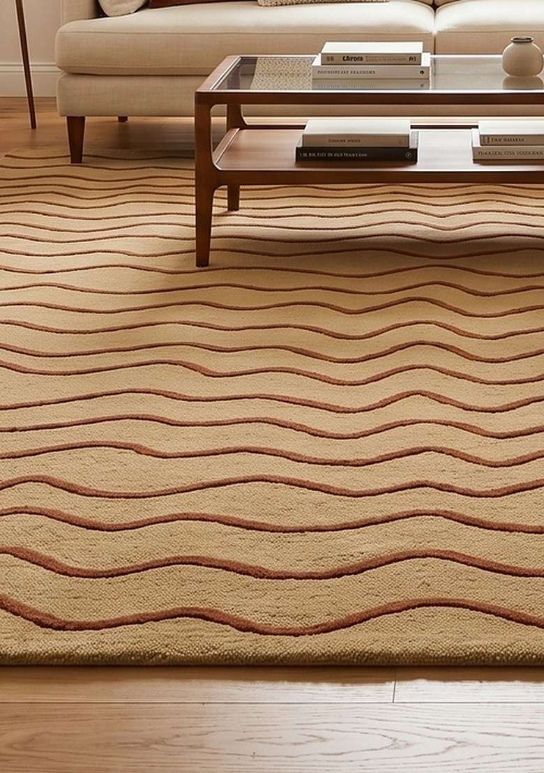 100% Wool Handmade Golden Ochre Rug | Minimalist Striped Carpet With Cotton Backing For Living Room - Indya