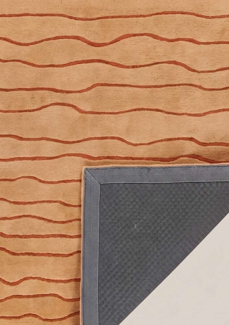 100% Wool Handmade Golden Ochre Rug | Minimalist Striped Carpet With Cotton Backing For Living Room - Indya
