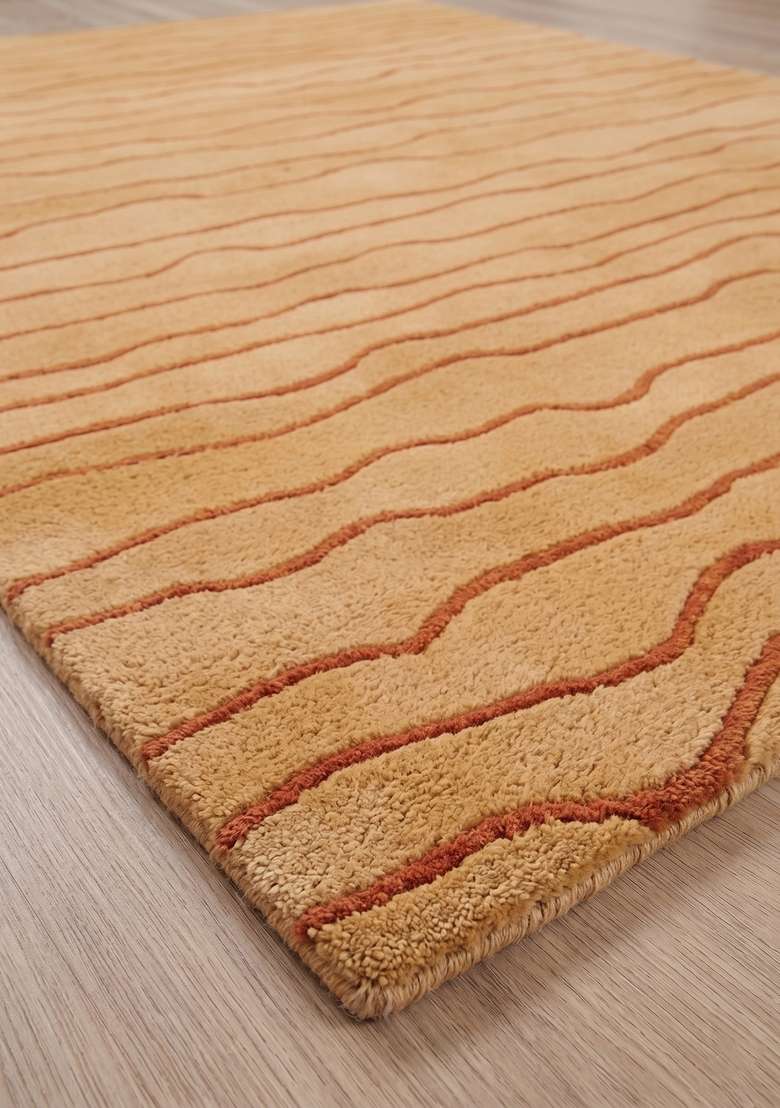 100% Wool Handmade Golden Ochre Rug | Minimalist Striped Carpet With Cotton Backing For Living Room - Indya