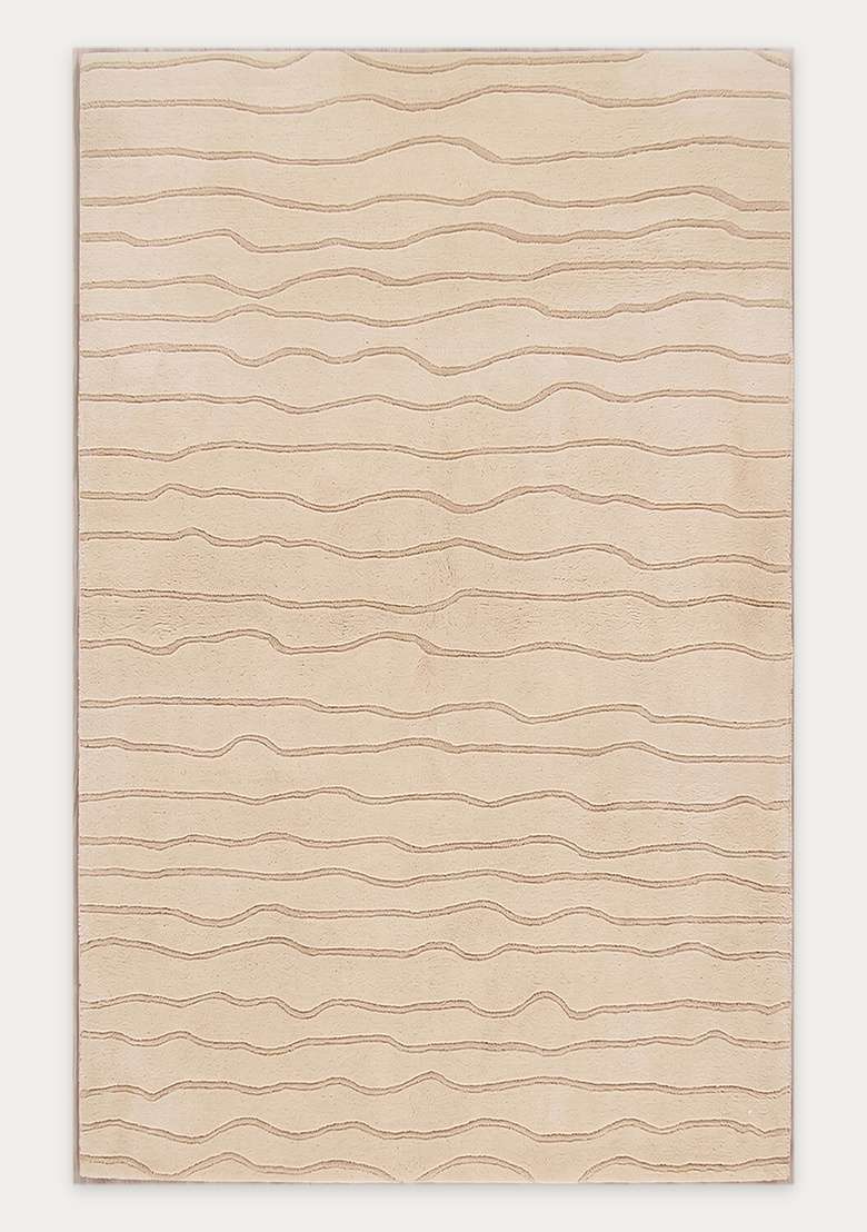 100% Wool Handmade Creamy Beige Rug | Minimalist Striped Carpet With Cotton Backing For Living Room - Indya