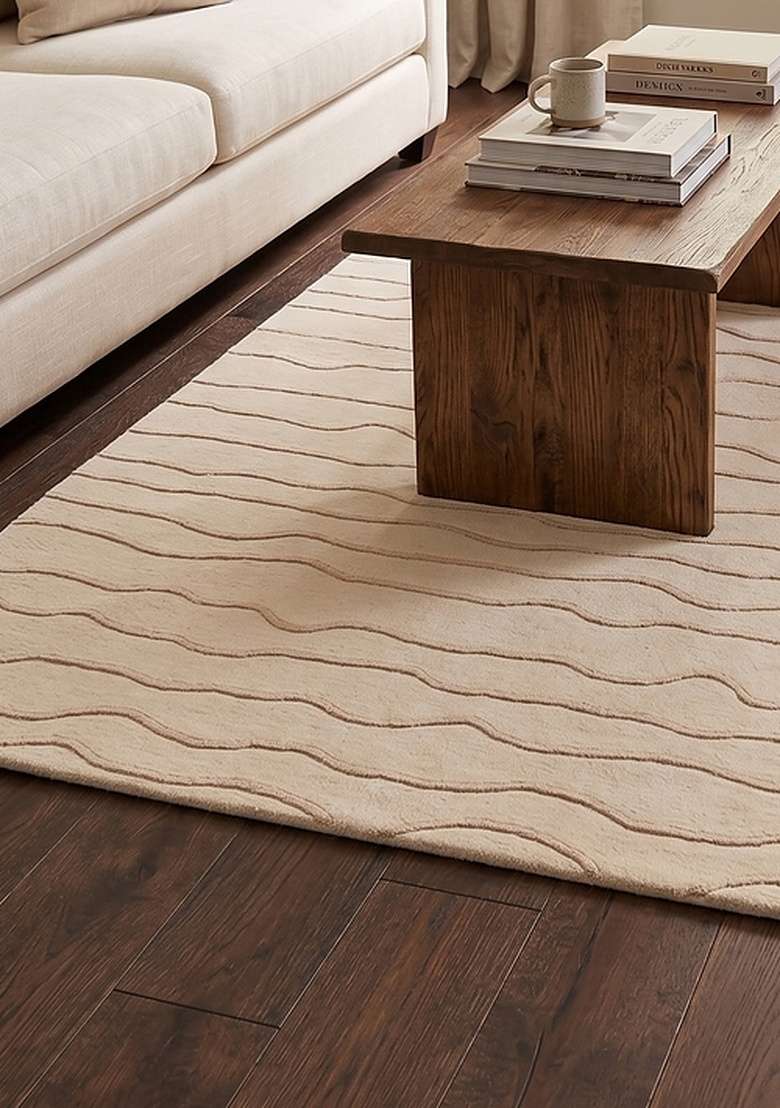 100% Wool Handmade Creamy Beige Rug | Minimalist Striped Carpet With Cotton Backing For Living Room - Indya