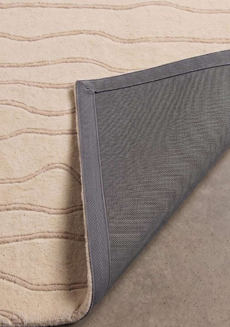 100% Wool Handmade Creamy Beige Rug | Minimalist Striped Carpet With Cotton Backing For Living Room - Indya