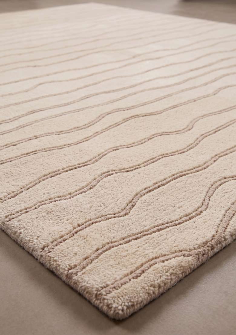 100% Wool Handmade Creamy Beige Rug | Minimalist Striped Carpet With Cotton Backing For Living Room - Indya