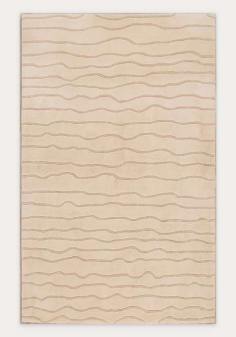 100% Wool Handmade Creamy Beige Rug | Minimalist Striped Carpet With Cotton Backing For Living Room