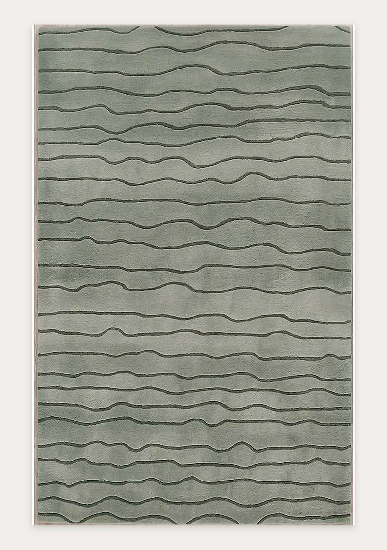 100% Wool Handmade Sage Green Rug | Minimalist Striped Carpet With Cotton Backing For Living Room - Indya