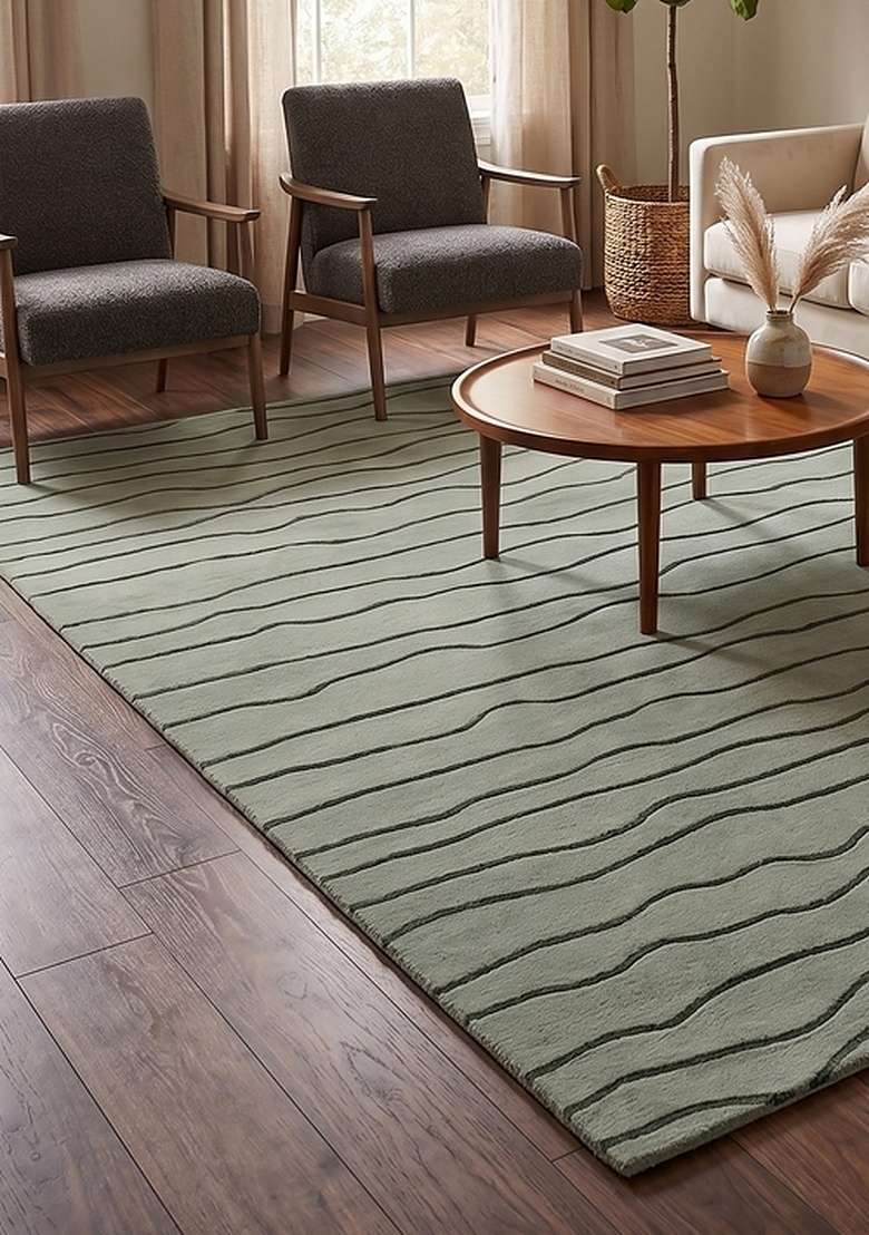 100% Wool Handmade Sage Green Rug | Minimalist Striped Carpet With Cotton Backing For Living Room - Indya