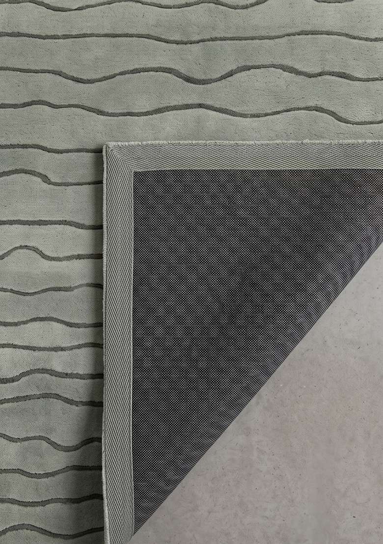 100% Wool Handmade Sage Green Rug | Minimalist Striped Carpet With Cotton Backing For Living Room - Indya