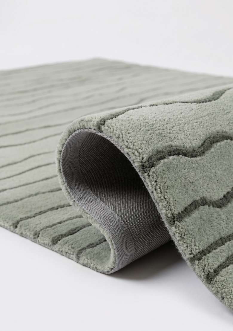 100% Wool Handmade Sage Green Rug | Minimalist Striped Carpet With Cotton Backing For Living Room - Indya