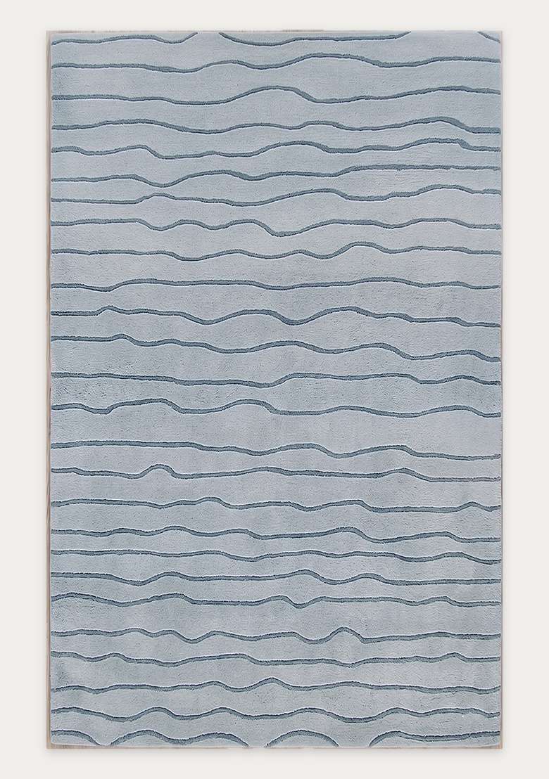 100% Wool Handmade Ice Blue Rug | Minimalist Striped Carpet With Cotton Backing For Living Room - Indya