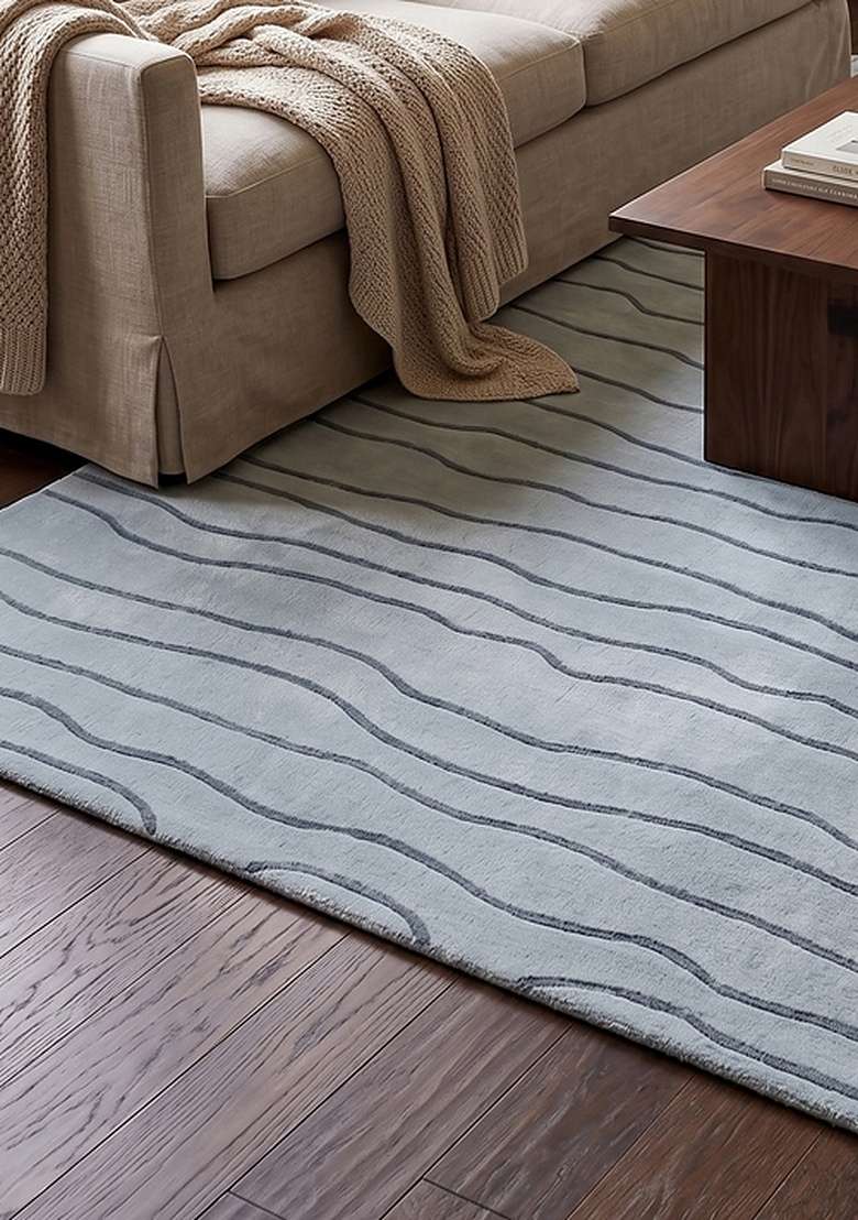 100% Wool Handmade Ice Blue Rug | Minimalist Striped Carpet With Cotton Backing For Living Room - Indya