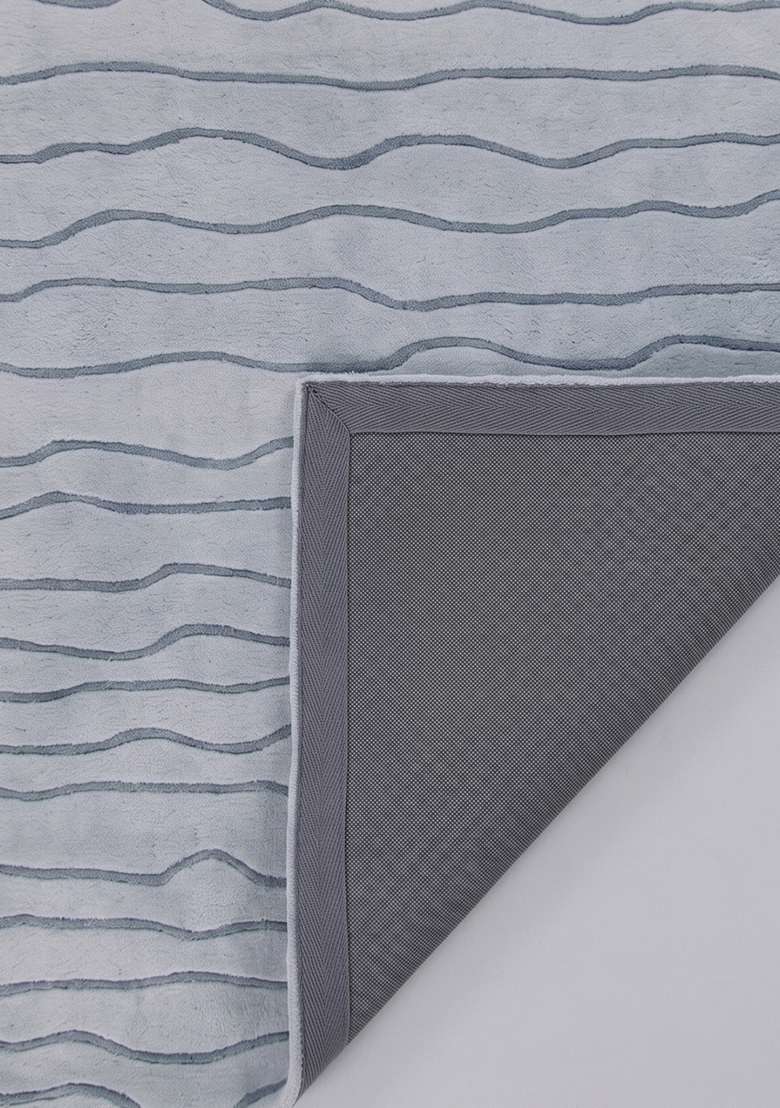 100% Wool Handmade Ice Blue Rug | Minimalist Striped Carpet With Cotton Backing For Living Room - Indya