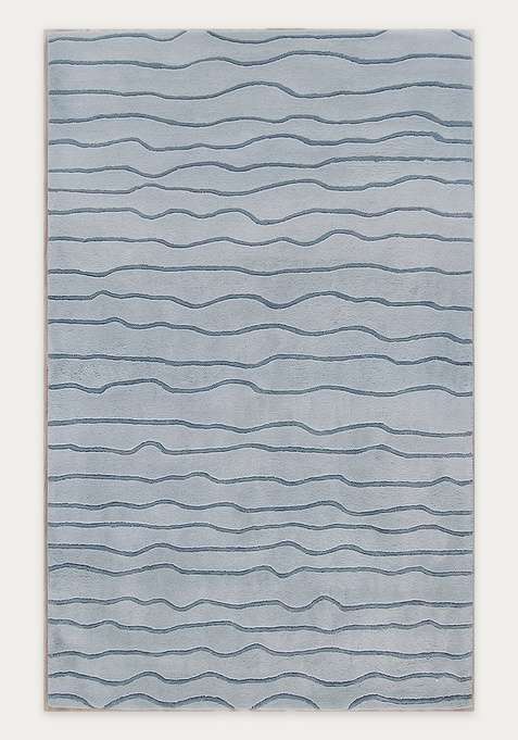 100% Wool Handmade Ice Blue Rug | Minimalist Striped Carpet With Cotton Backing For Living Room