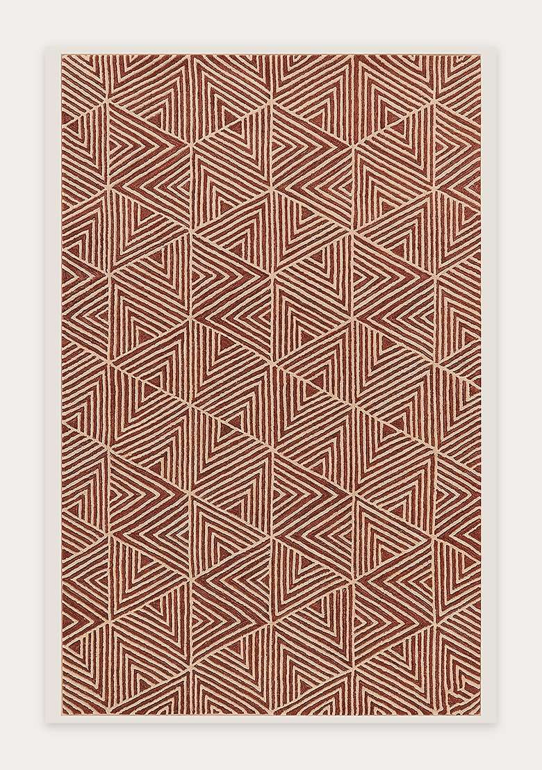 100% Wool Handmade Burnt Orange Rug | Mid Century Modern Geometric Carpet With Cotton Backing For Living Room - Indya