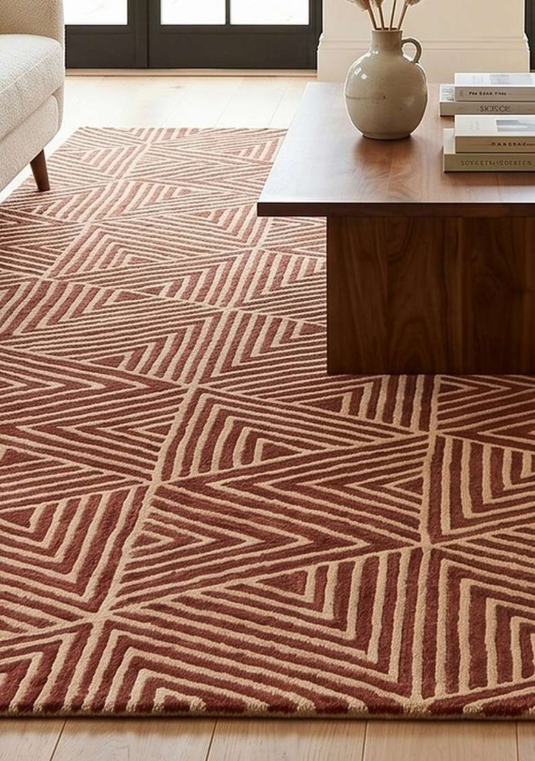 100% Wool Handmade Burnt Orange Rug | Mid Century Modern Geometric Carpet With Cotton Backing For Living Room - Indya