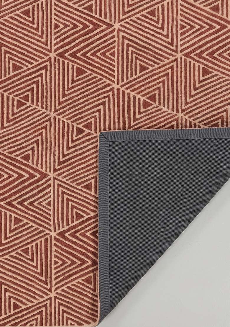 100% Wool Handmade Burnt Orange Rug | Mid Century Modern Geometric Carpet With Cotton Backing For Living Room - Indya
