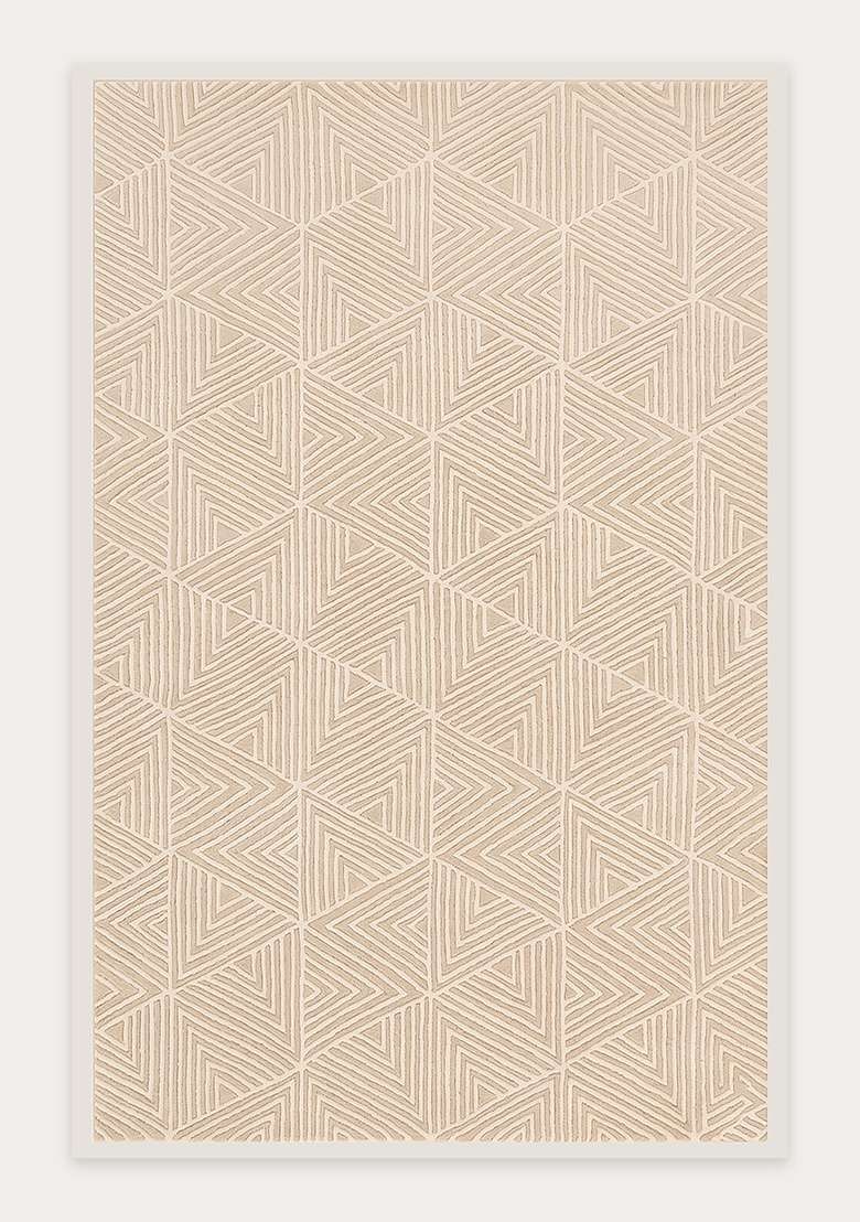 100% Wool Handmade Ivory Beige Rug | Mid Century Modern Geometric Carpet With Cotton Backing For Living Room - Indya