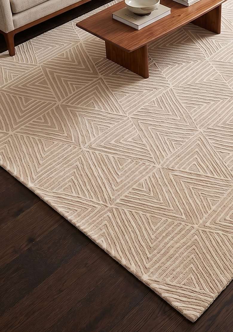 100% Wool Handmade Ivory Beige Rug | Mid Century Modern Geometric Carpet With Cotton Backing For Living Room - Indya