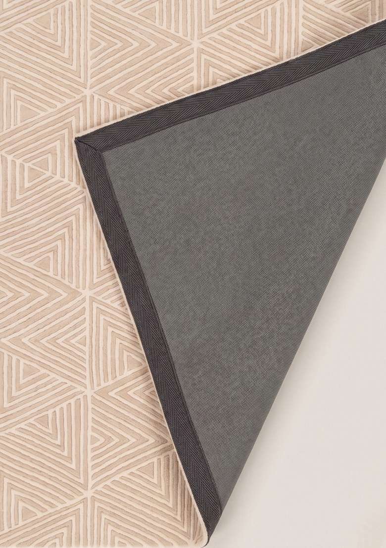 100% Wool Handmade Ivory Beige Rug | Mid Century Modern Geometric Carpet With Cotton Backing For Living Room - Indya