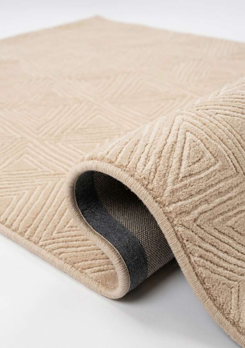 100% Wool Handmade Ivory Beige Rug | Mid Century Modern Geometric Carpet With Cotton Backing For Living Room - Indya