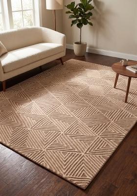 Saffron Rugs Hand-Tufted 100% Wool Area Rug | Camel Tan Rectangular Rug | Cotton Backing | Mid-Century Modern Geometric Home Decor Carpet for Living Room Bedroom