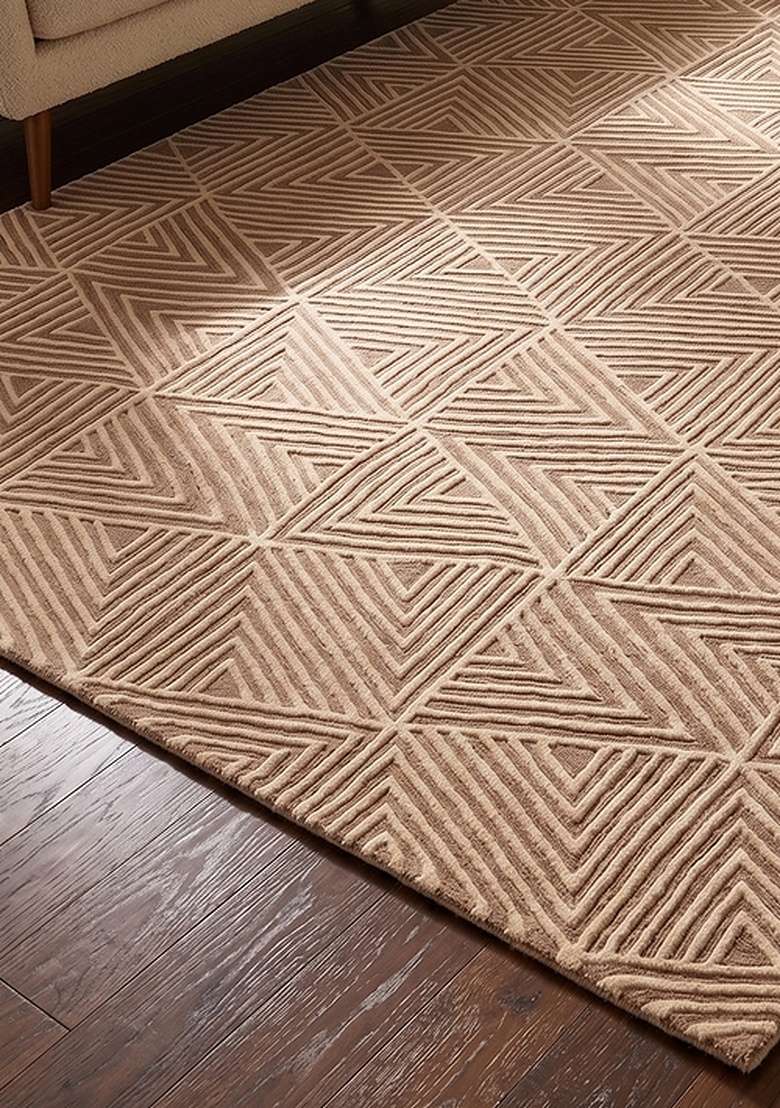 100% Wool Handmade Camel Tan Rug | Mid Century Modern Geometric Carpet With Cotton Backing For Living Room - Indya
