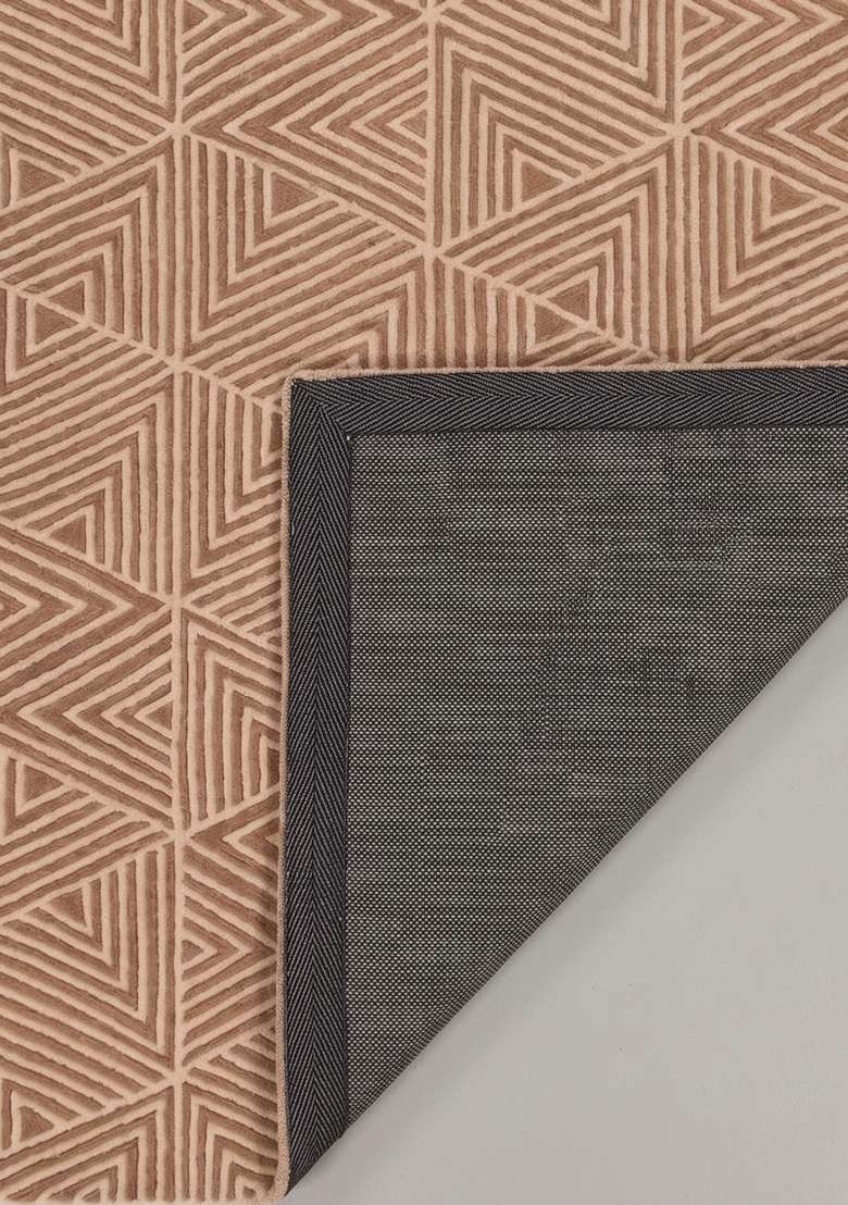 100% Wool Handmade Camel Tan Rug | Mid Century Modern Geometric Carpet With Cotton Backing For Living Room - Indya