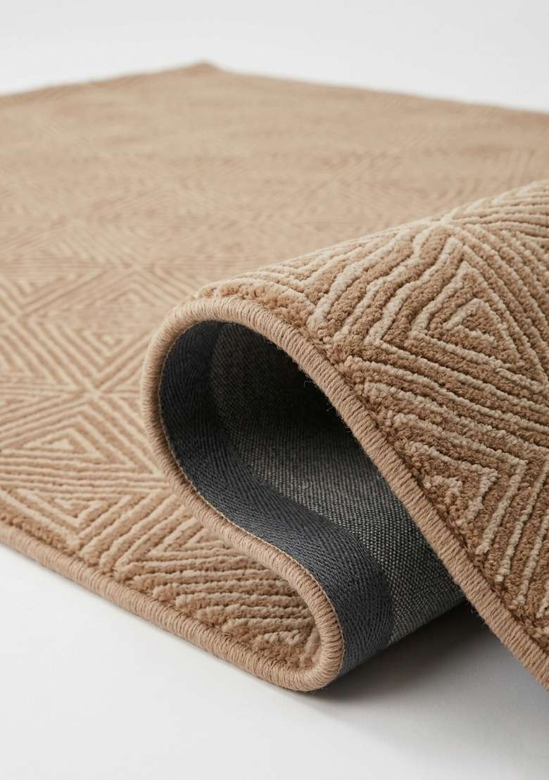100% Wool Handmade Camel Tan Rug | Mid Century Modern Geometric Carpet With Cotton Backing For Living Room - Indya