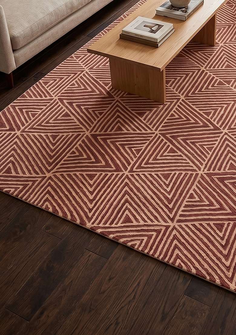 100% Wool Handmade Dusty Mauve Rug | Mid Century Modern Geometric Carpet With Cotton Backing For Living Room - Indya
