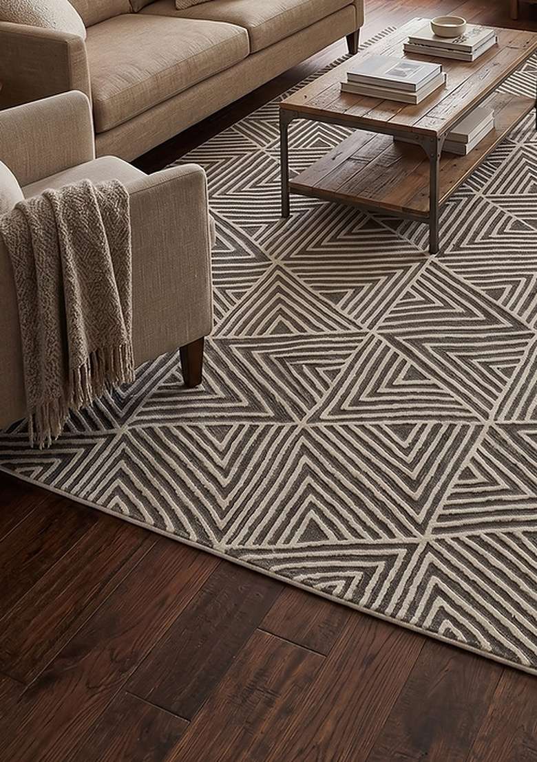 100% Wool Handmade Olive Grey Rug | Mid Century Modern Geometric Carpet With Cotton Backing For Living Room - Indya