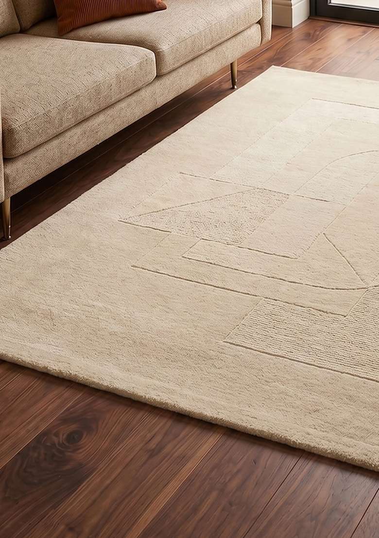100% Wool Handmade Beige Rug | Contemporary Geometric Carpet With Cotton Backing For Living Room - Indya